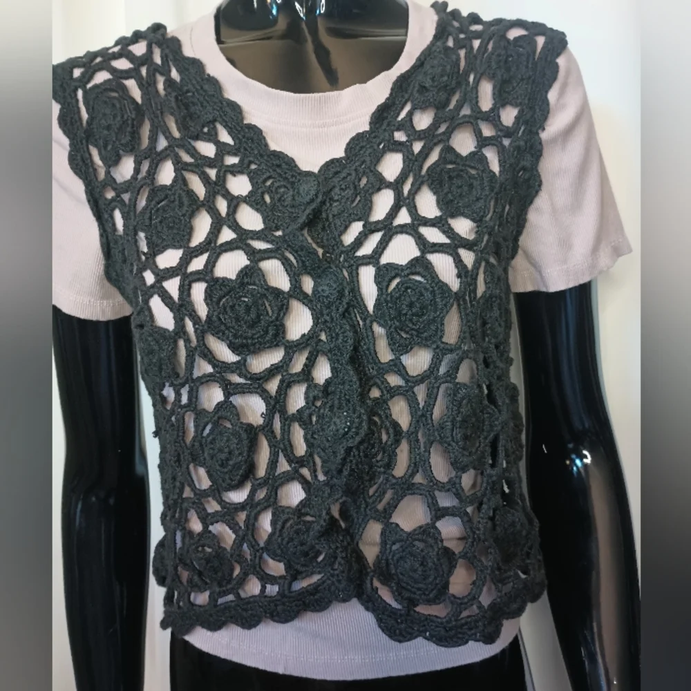 Vintage Cherry Stix Womens Crochet Button Vest OS/ S-M  Black 90s Fairy Grunge - Picture 2 of 11